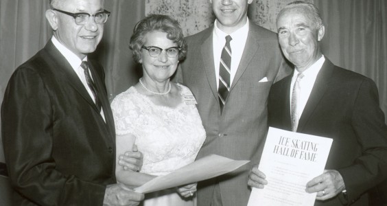 Frank Zamboni, Norda Zamboni, Michael Kirby, Oscar Johnson. Frank's induction into the Ice Skating Institute Hall of Fame.